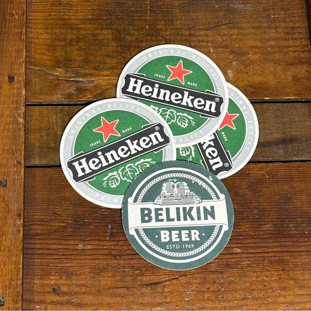 Heineken and Belikin cardboard Beer mat coasters. Bundle of 4 total.